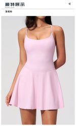 Women Tennis Dress with Shorts Pocket Square Neck Hollow Back Sleeveless One Piece Sports Outfit Fitness Pleate Mini Dresses