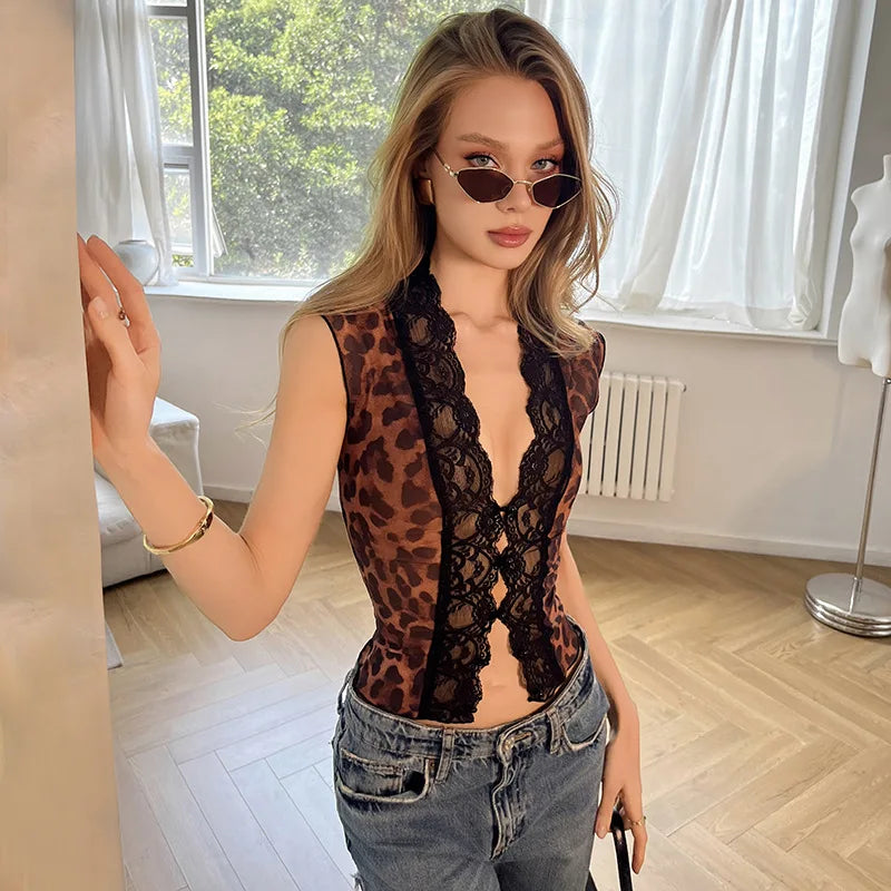 FDYOUI Women's Deep V-neck Lace Patchwork Mesh T-shirts 2026 Summer Sexy Sleeveless Buttons Leopard Tops Tee Shirt Streetwear
