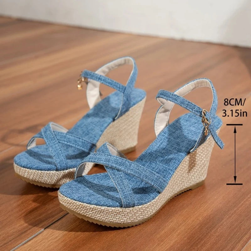 Summer Slope Heel Buckle Open Toe Wedge Ultra High Heel Women's Sandals 2026Fashion One Line Buckle Sandals Women ShoesHeels