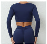 Long Sleeve Gym Crop Tops for Women Twist Deep V Workout Quick Dry Padded Sports Fitness Yoga T-Shirt