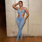 Sexy hot girl solid color see-through slim fit knitted deep V jumpsuit