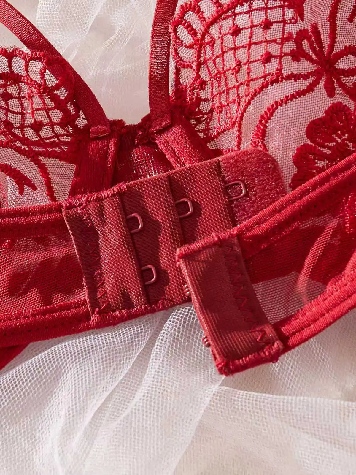Red French Lace Embroidery Bra Set with Garter Belt Three-Piece Ensemble Sexy Underwear for Women