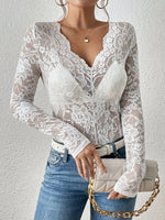 Women Sexy Base Layer Shirt Solid Black Sheer Lace Top Slim Flower Scallop Trim V Neck Long Sleeve T-shirt Trendy Tight Lace Top