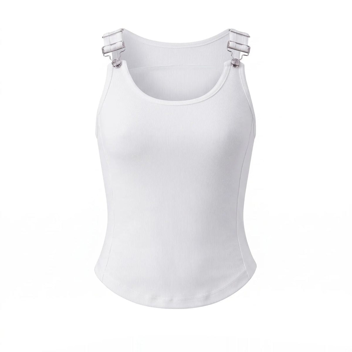 Women's Solid Color Ribbed Tank Tops Stylish Sleeveless Camisole with Metal Buckle Straps and Curved Hemline