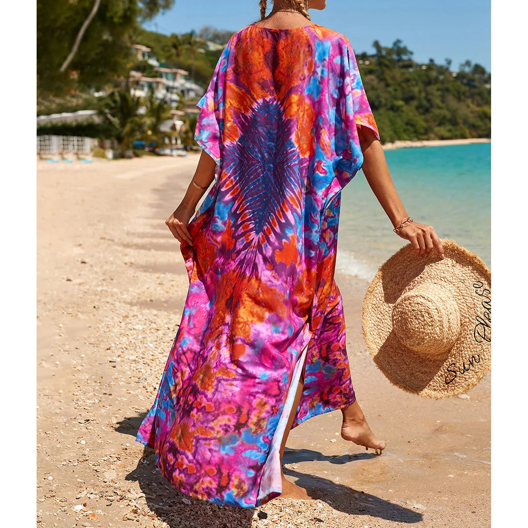 2026 New Colorful Kaftan Tunic Beach Dress Beach Wear Beachwear Beach Cover Up Cover-upsLoose Maxi Dress Female Women V4428