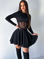 FDYOUI 2026 Sexy Mesh Patchwork A-line Short Dress Streetwear Women's O-neck Long Sleeve High Waist Tuncs Party Club Dresses