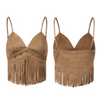 Summer Women's Tassel Corset Tops Retro Cowboy Stylish Sleeveless V Neck Vest Spaghetti Strap Tank Top for Party Street