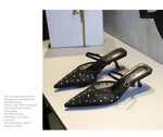 BIGTREE Crystal Mesh Fabric Pointed Toe Slippers Women Sexy Elegant Buckle Strap Party Prom Thin Low Heels Mule Shoes