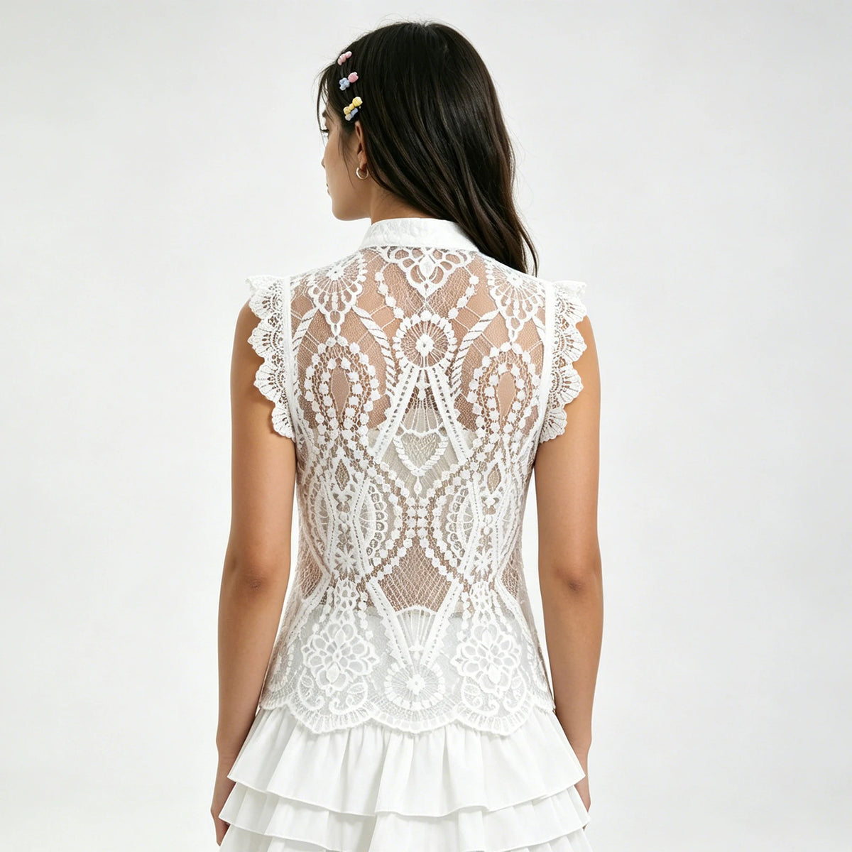 Women's Solid Color Lace Tank Tops Mandarin Collar Sleeveless Frog Buttons Summer Vest