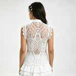 Women's Solid Color Lace Tank Tops Mandarin Collar Sleeveless Frog Buttons Summer Vest