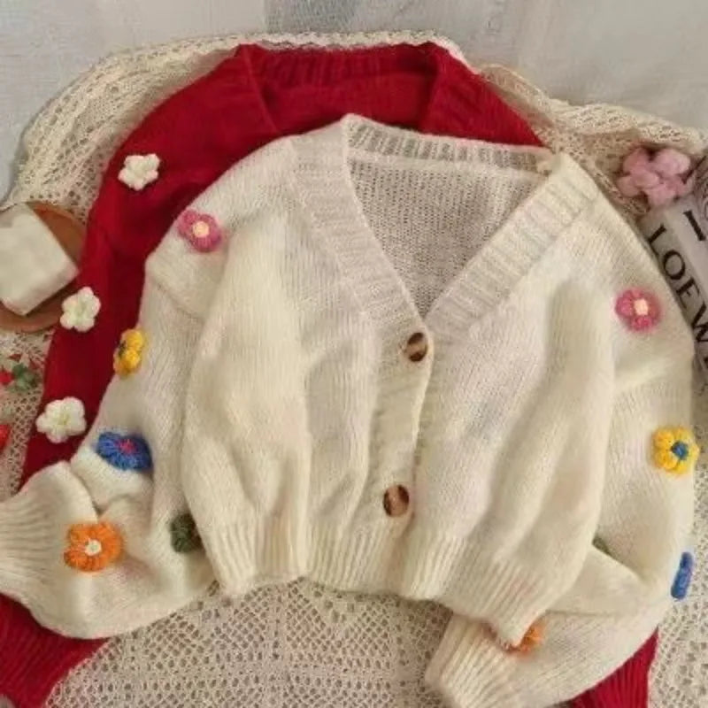 New Autumn Colourful Applique Flower Cardigan for Women Cute LongV-neck Knit Crop Sweater Girl Soft Knitwear