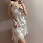 Women Lace Satin Nightgown Strapless White Slip Dress with Bow Detail, Silky Summer Sleepwear Home Dress