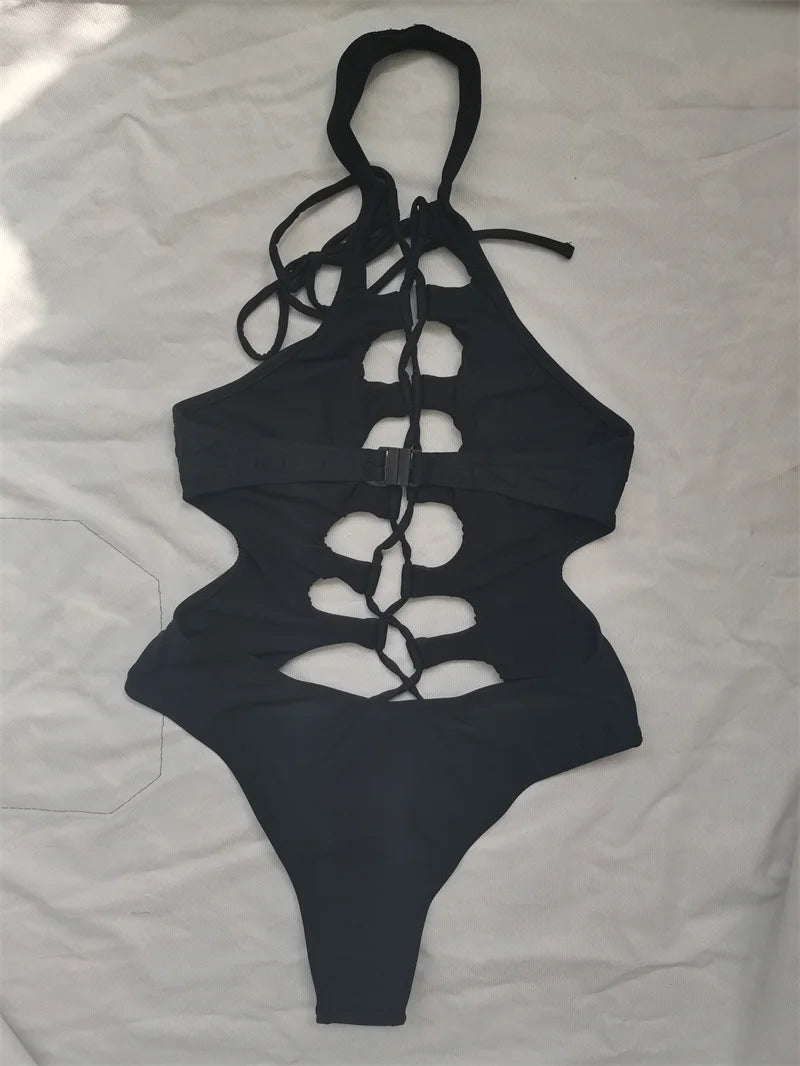 Hollow Out Swimwear Women 2025 High Neck Solid Black Cut Out Backless Monokini Bandage Bathing Suit Holiday One Piece Swimsuit