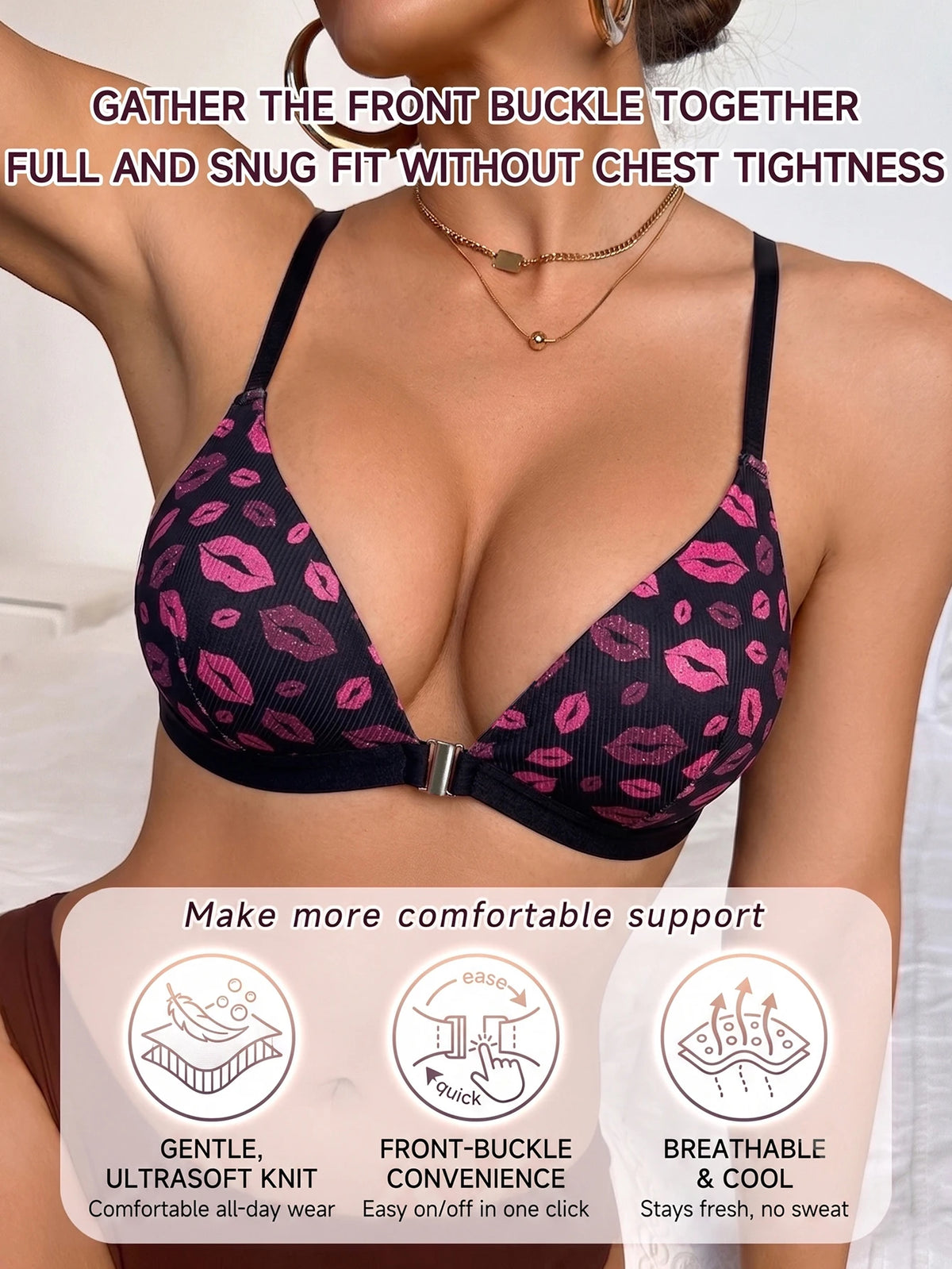 Sexy Lips Wireless Women Bra Front‑closure Thin Cup Comfort Push Up Bra Daily Breathable Back Underwear