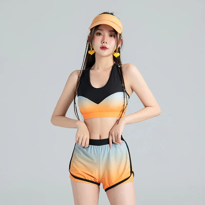 Long Sleeve Rash Guard Women Colorblock Two Piece Swimsuit Crop Top Swimwear High Neck Bathing Suits Zipper Surfing Suits Shorts