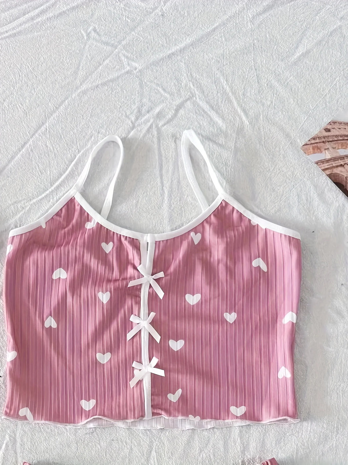 Women's Heart Print Sexy Ribbed Bow Decor Pajama Set, Round Neck Backless Comfortable Crop Cami Top & Shorts, Summer Nightwear