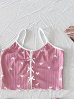 Women's Heart Print Sexy Ribbed Bow Decor Pajama Set, Round Neck Backless Comfortable Crop Cami Top & Shorts, Summer Nightwear