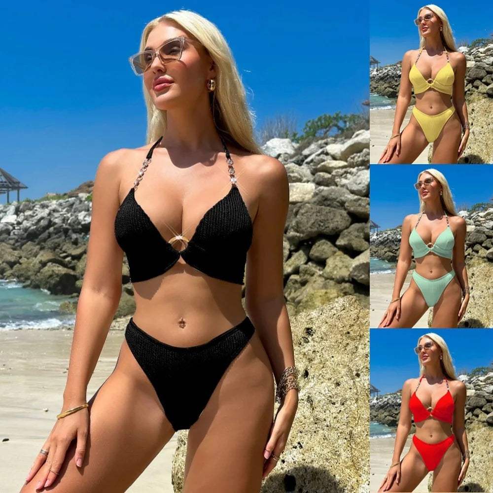 New Sexy Black Bikini Set Women Metal Ring Push Up Bra High Waist Swimsuit Summer Bathing Suit Vacation Two Piece Swimwear