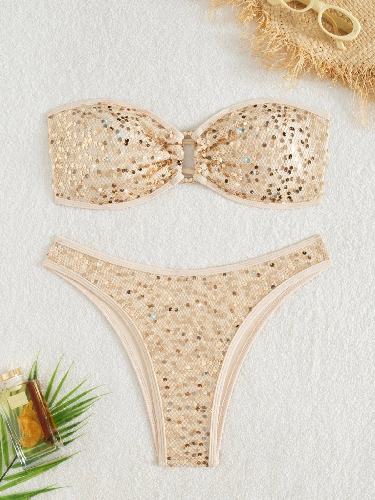Shiny Sequin Bandeau Bikini Set 2026 Women Sexy Gold Front Circle Push Up Micro Swimsuit Bathing Suit Thong Swimwear Biquini