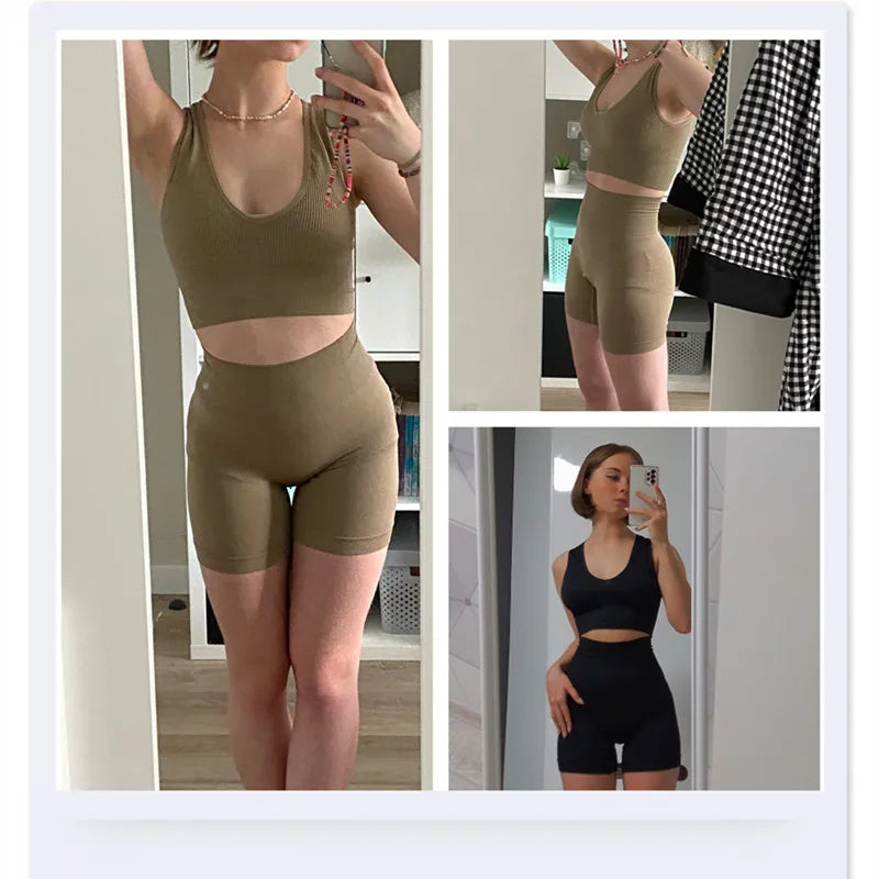 Women Sport Ribbed Bras Set Seamless Underwear Set High Waist Fitness Shorts Female Sexy Lingerie Bralette Deep V Top Sportwear