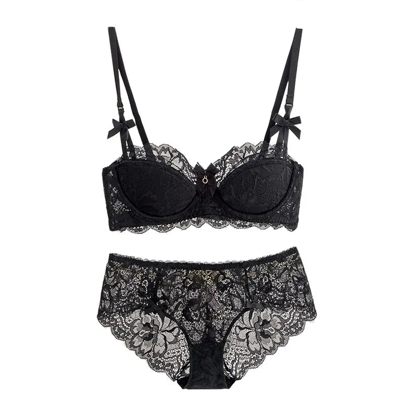 French Pure Desire Bralette AB Cup Wireless Lace Bra Set-Small Bust Push Up ComfortChubby Girl Bow Design Thin Fold Plus Size