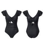 Womens Lace Fly Sleeve Bodysuit Swimwear V Neck Bikini Front Twist Cutout Tummy Control Bathing Suits Beachwear