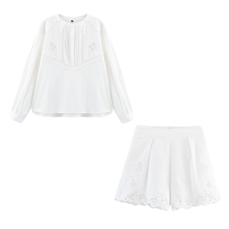 Foridol White Cotton Shorts Set Outfits Women Hollow Out Embroidery Two Pieces Set Outfits Shirt Shorts Matching Set Summer