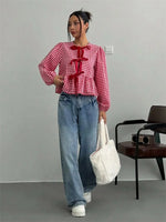 Plaid Lantern Long Sleeve Blouse for Women Spring Autumn Y2K Clothes Sweet Style Loose Knot Front Round Neck Top Streetweawr