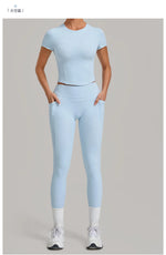 Women Tracksuit Yoga Sets Short Sleeve Slim Sports T Shirts Workout Clothes Outdoor Tight High Waist Pocket Pants Fitness Suits