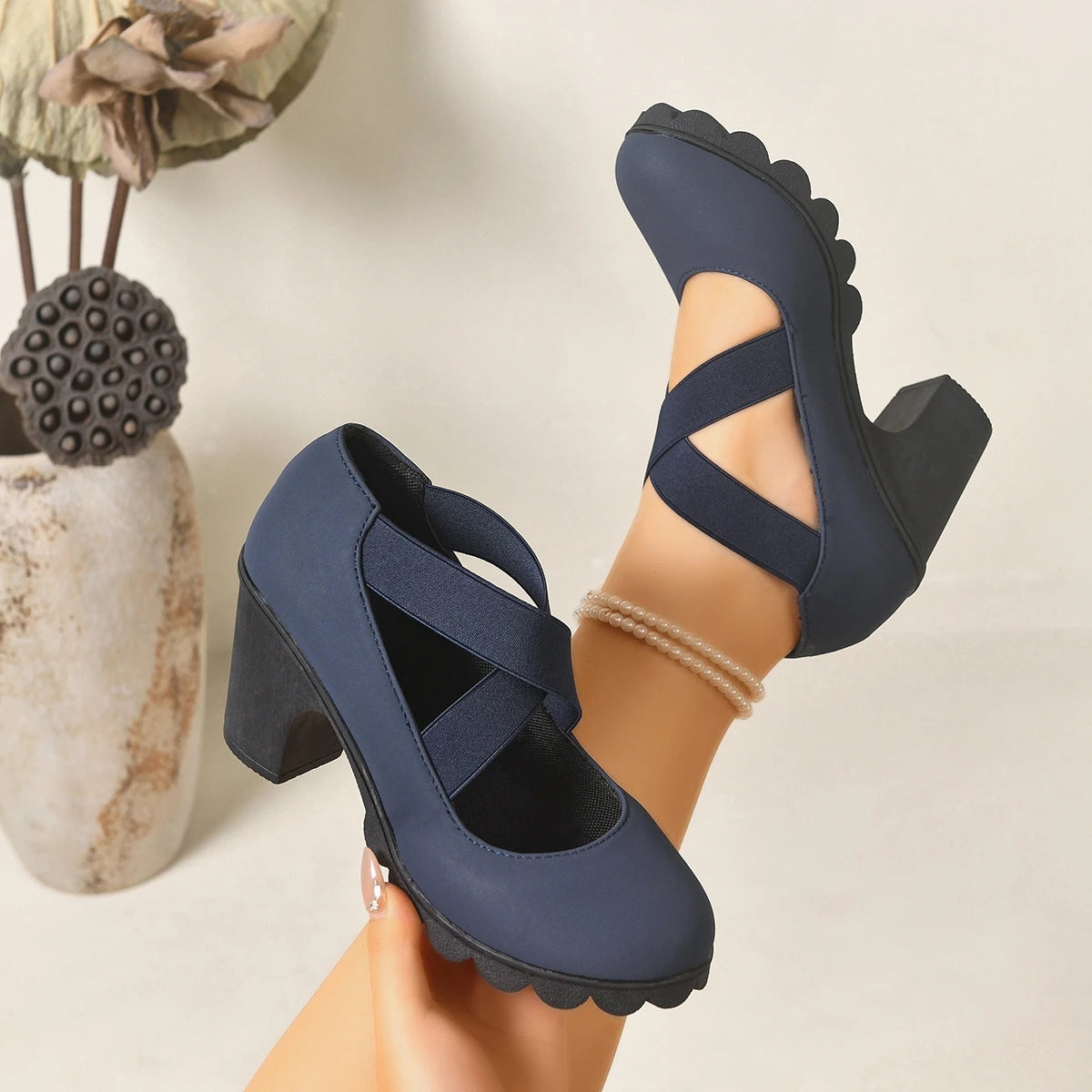 Women Mary Jane Pumps Cross Elastic Strap Suede Chunky High Heel Lug Platform Sole Dress Party Shoes Large Size