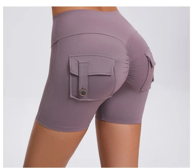 Women's Peach Lifting Yoga Shorts - High Waisted Stretchy Workout Shorts with Button Quick-Dry Tummy Control for Running Fitness