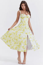 Sexy Low Cut Spaghetti Strap Maxi Dresses For Women Color Flower Printed Chest Wrap Bowknot Leace-up Long Dress Elegant Vestidos