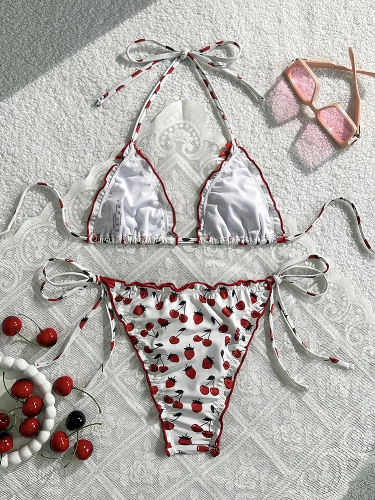 Sexy White Strawberry Print Mini Bikini 2026 Women Bow Strap Push Up Tie Side Thong Swimsuit Beach Holiday Bathing Suit Swimwear