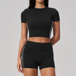 Color Contrast Yoga Suit Women Short Sleeve O Neck Sports T Shirts Tracksuit Outwear High Waist Shorts Gym Running Fitness Suits