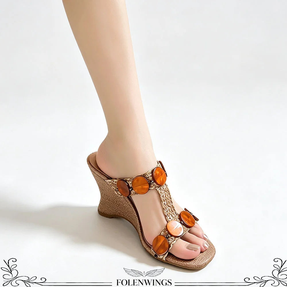 Boho Raffia Comfortable 8cm High Heels Wedge Slide Mules T-Strap Vacation Beach Straw Heels Espadrille Wedge Sandals Women Shoes