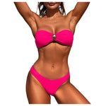 Womens Bandeau Strapless Bikini Set Metal Ring Decor Front Twist Two Piece Swimsuit Sexy Backless Cheeky Brazilian Bathing Suits