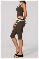 New Fake Two-piece Yoga Sets Women Striped Shock-absorbing Slim Sports Tank Top Fitness Suit Gym High Waist Mid Pants Tracksuit