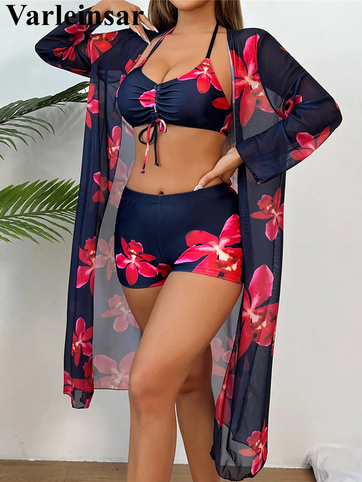 S - XL Long Sleeve Cover Up Flowers Bikini Female Swimsuit Three-Pieces Bikini Set Women Swimwear Bather Bathing Suit Swim V7232