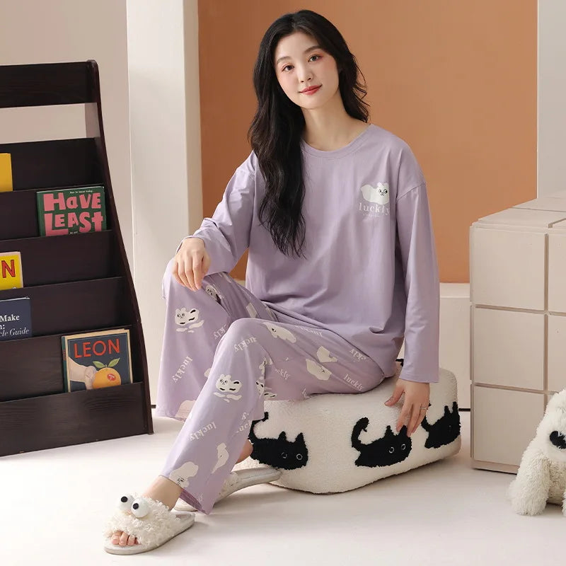Pure cotton pajamas for women, long-sleeved trousers, can be worn outside, pure cotton home clothes, Class A antibacterial 100%