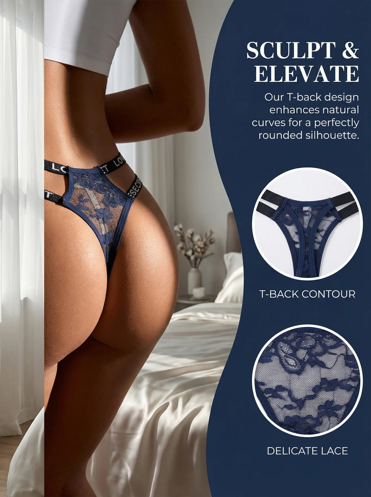 Low-Rise Letter Lace Thong Sexy-Style Blue Floral Embroidery Underwear Breathable Thong C856