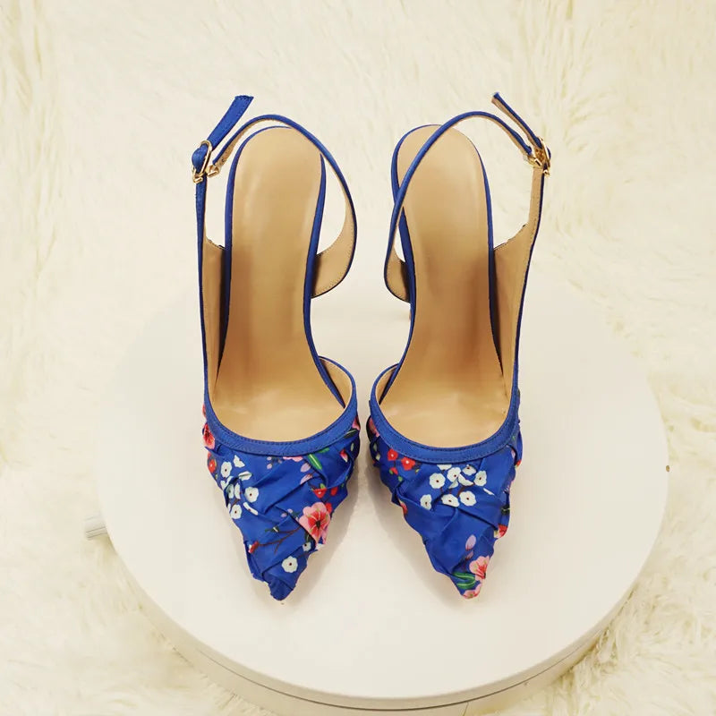 NoEnName_Null-Blue satin women's high heel sandals, dance, flowers, Silk patterned high-heeled shoes 12cmBanquet shoes