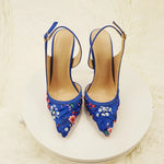 NoEnName_Null-Blue satin women's high heel sandals, dance, flowers, Silk patterned high-heeled shoes 12cmBanquet shoes