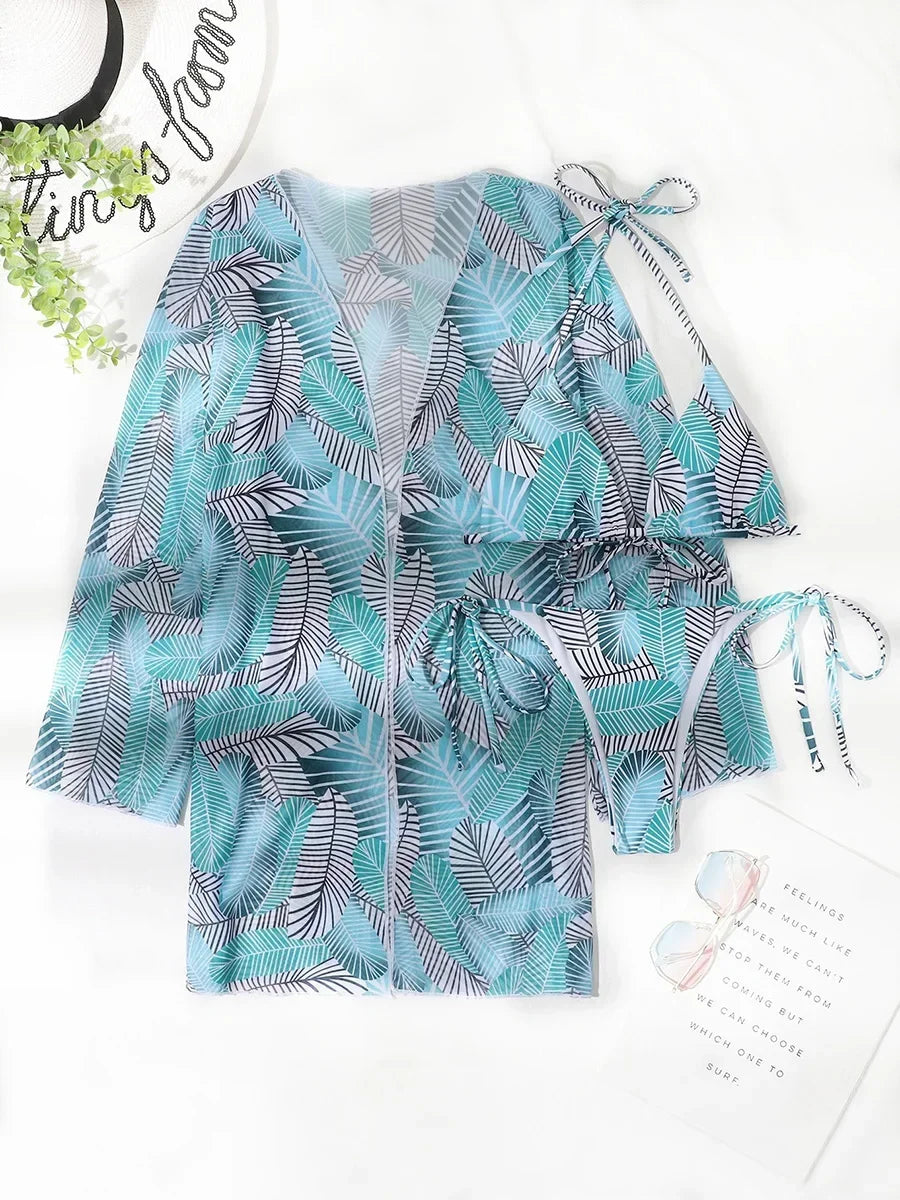 With Cover Up Leaves Printed Bikini Women Swimwear Female Swimsuit Three-pieces Bikini Set Bather Bathing Suit Swim Beachwear