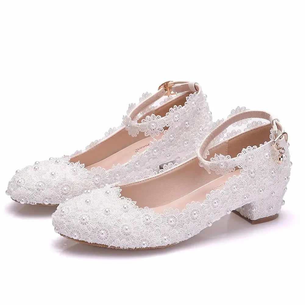 Women 3CM High Heels White Lace Pearl Wedding Shoes Sexy Bride PartyPointed Toe Shallow Mouth Pumps Shoe BridesmaidPink