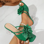 SummerFresh Square Toe Open Toe Flower Slippers Women's Bow Temperament Non-Slip High Heel Beach Sandals Green Beige 35-43 New