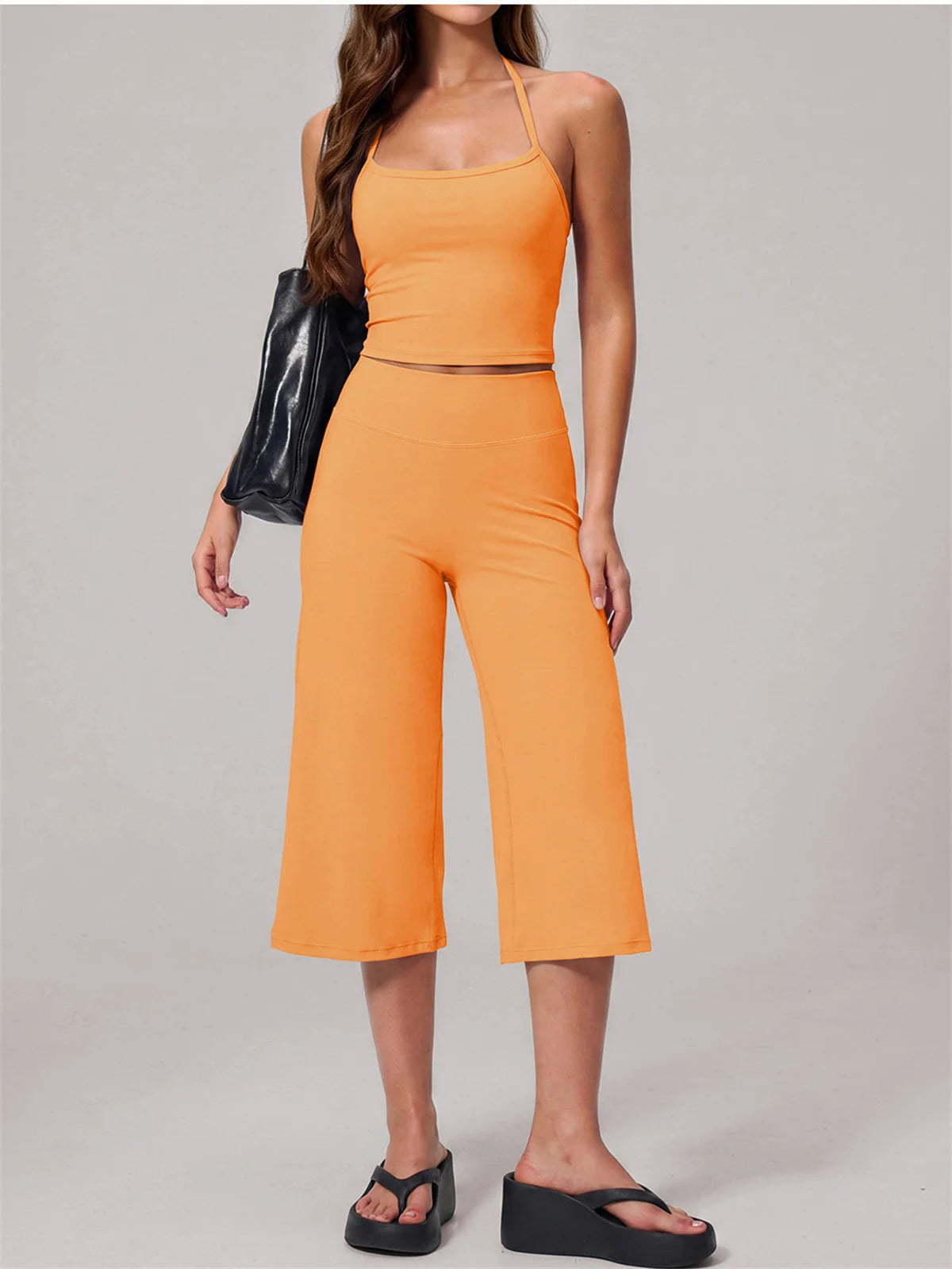 Hanging Neck Camisole Yoga Sets Women Nude Hollow Back Cross Slim Sports Tank Top High Waist Wide Leg Capri Pants Fitness Suits