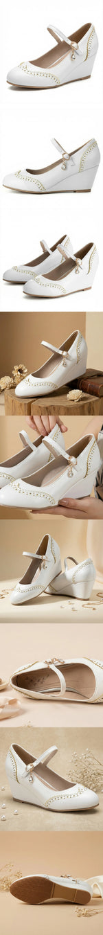 2026 Small Big Size 32-48 Vintage Green 7cm High Heels Wedges Pumps White Red Comfy Walk Summer Mary Janes Brogue Shoes Women