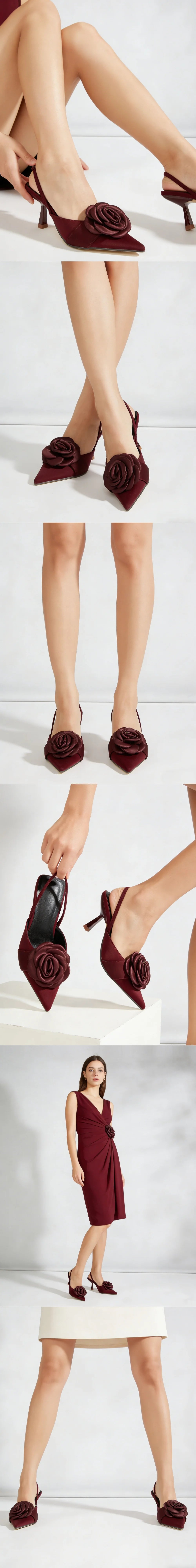 Big Size 43 Elegant Flower Burgundy Slingback Sandals Mules Summer Sexy Pointy Toe Thin High Heels Sandals Shoes Women