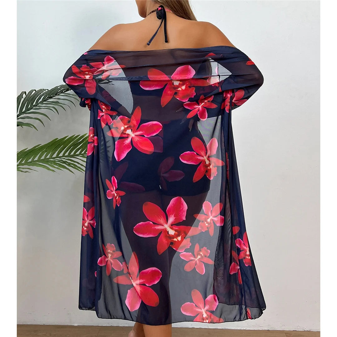 S - XL Long Sleeve Cover Up Flowers Bikini Female Swimsuit Three-Pieces Bikini Set Women Swimwear Bather Bathing Suit Swim V7232