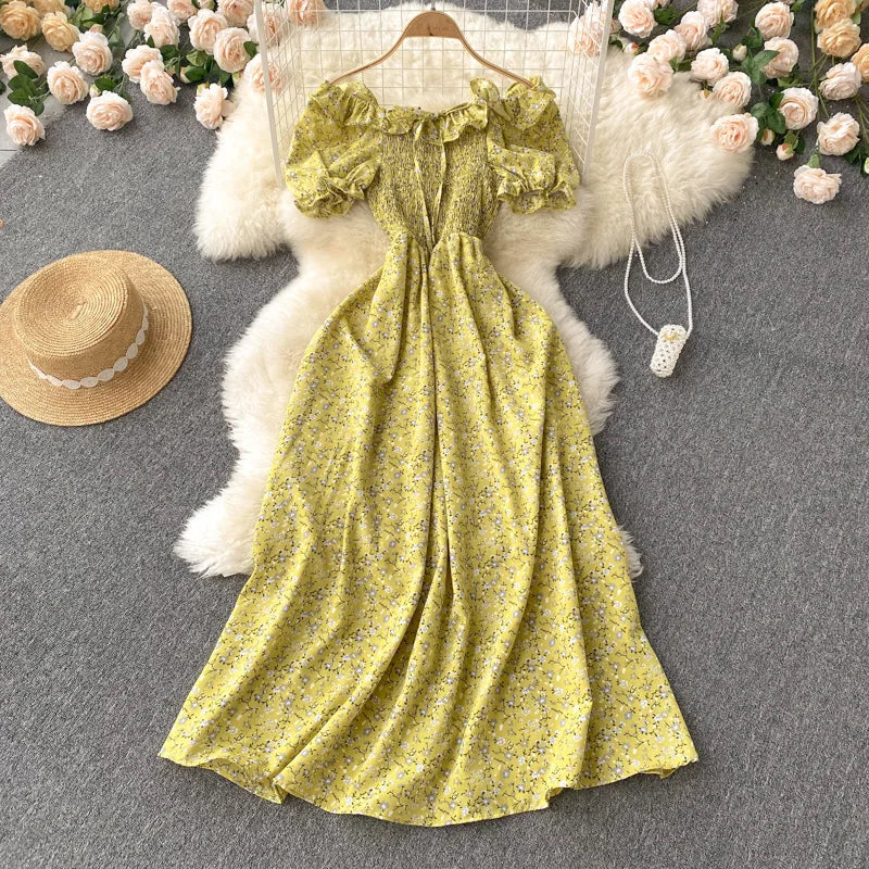 2025 Summer French Vintage Floral Dress Fashion Elegant High-Waisted Drawstring Vestidos Printed Fresh And Sweet Long Dresses